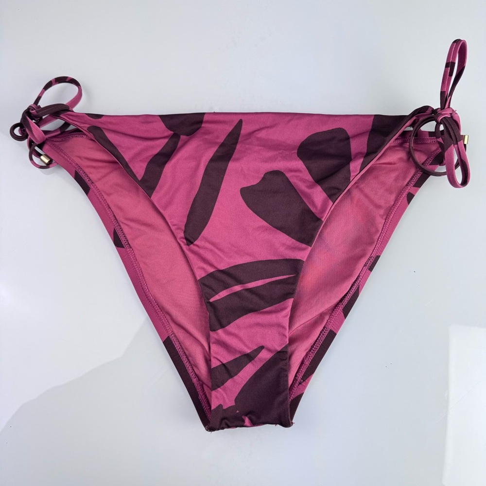 Vitamin A Swim Bottoms Floral Leaf Print Side Tie Brown Pink Mauve Low Rise